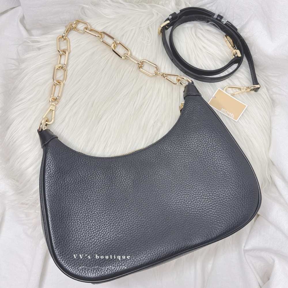 NWT Michael Kors Cora Large Pebbled Leather Chain Link Crossbody Bag Black - Picture 2 of 10